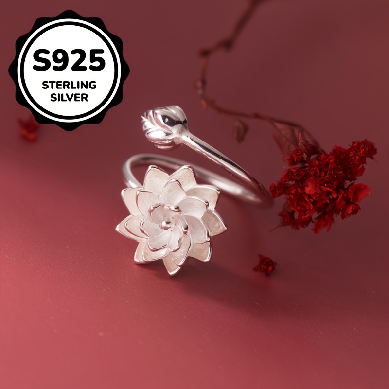 925 Silver Lotus Ring — Adjustable High-End Gift